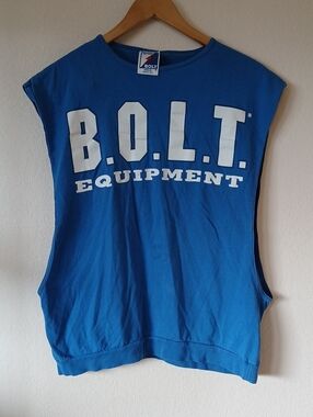 Vintage Lightning Bolt 90s B.O.L.T. Equipment Muscle Tee Blue